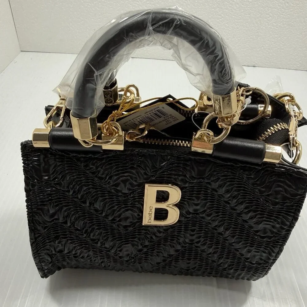 Bebe Black Mini Satchel Bag Gold Chain Crossbody Textured Top Handle NWT